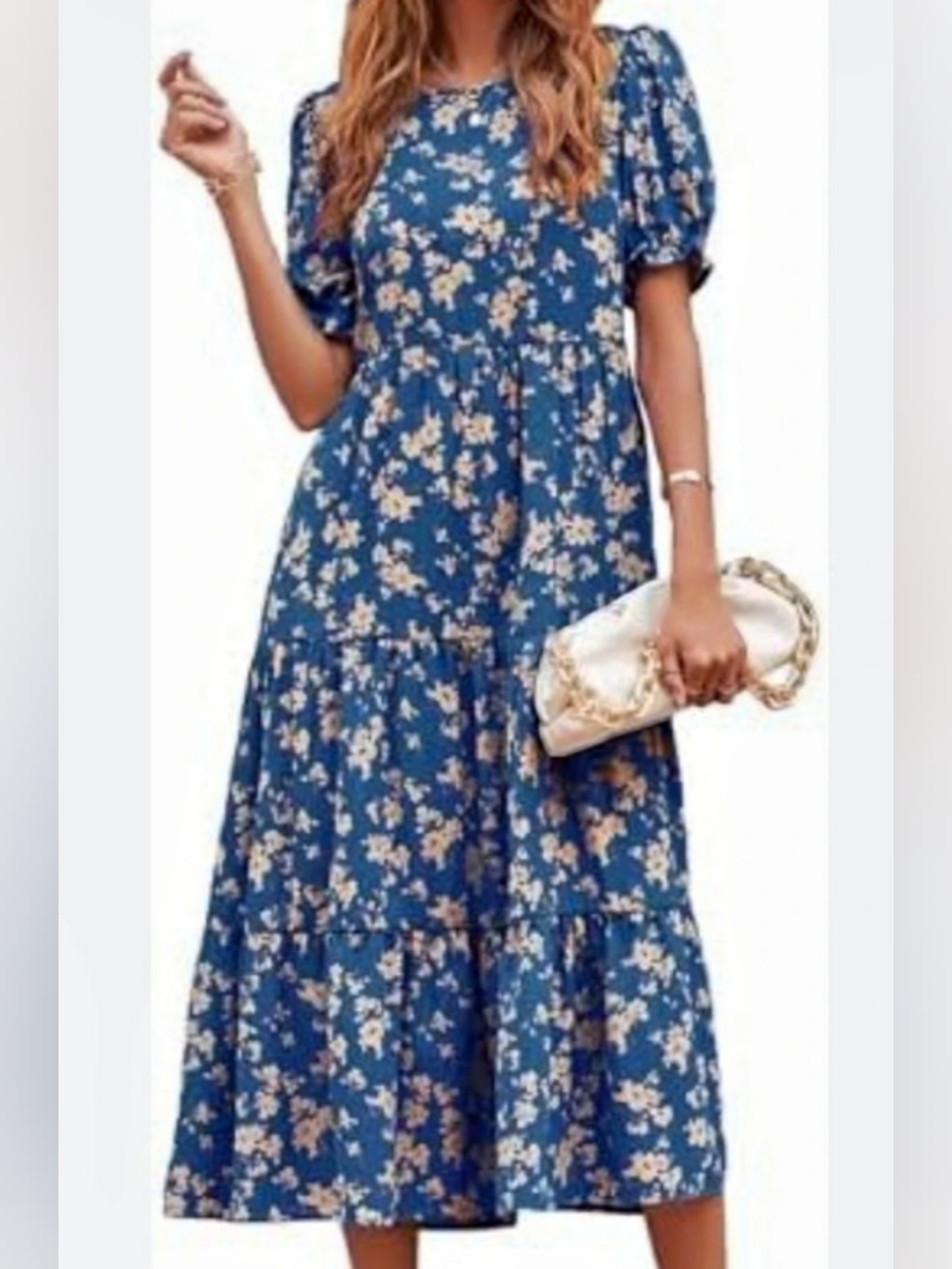 PrettyGarden Women's Floral Print Midi Dress Short Puff Sleeve Tiered Swing